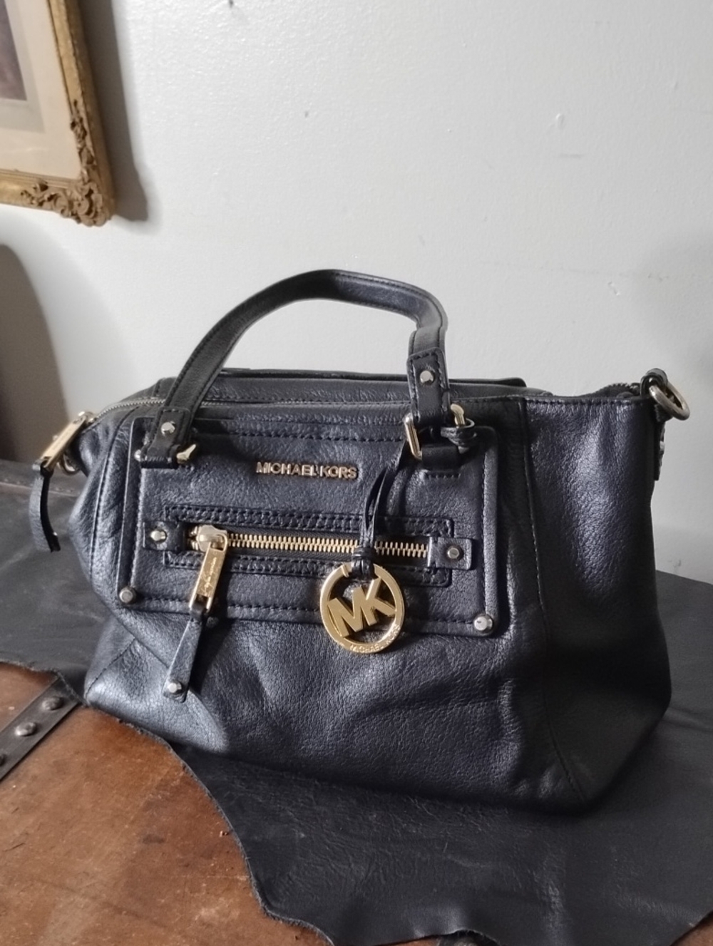 Michael Kors Black Leather Satchel with Gold Hardware